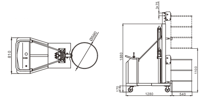 LDT280配重式半電動油桶堆高車尺寸圖